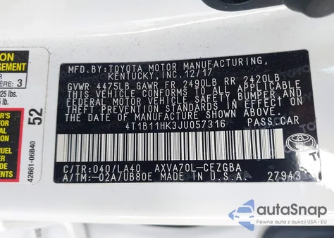2018 Toyota Camry Xle z USA, uszkodzony, nr VIN 4T1B11HK3JU057316